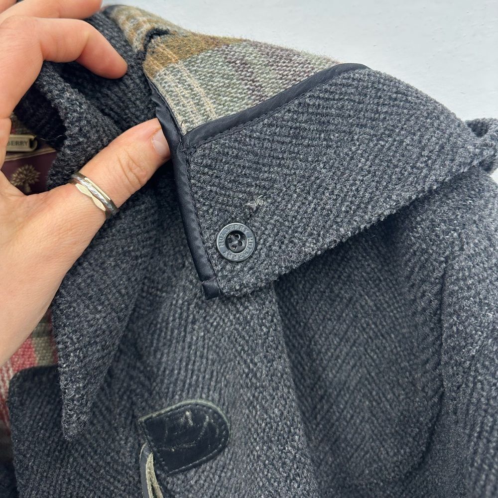 Vintage Mulberry London 90's Gray Wool Herringbone Hooded Toggle Pea Coat Size M - Picture 11 of 13